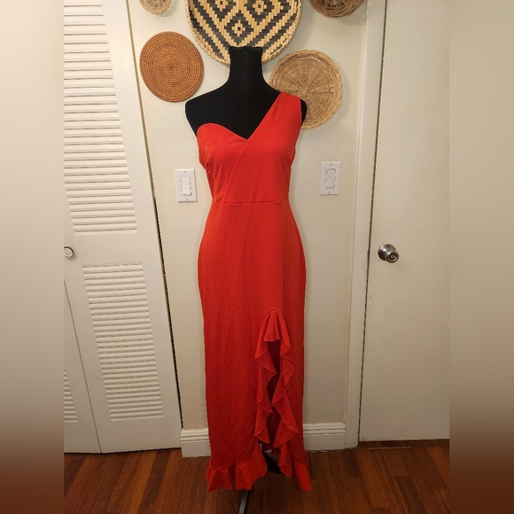 One Shoulder Red Cascading Maxi Dress With Ruffles - Picture 6 of 11